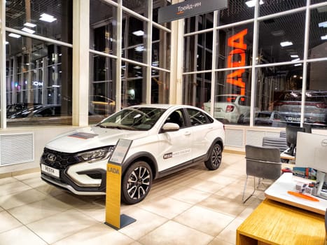 Kirov, Russia - September 19, 2024: Car named Lada in showroom of dealership Avtovaz