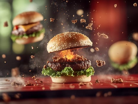 A creative depiction of a gourmet burger with sesame bun, lettuce, and a fiery explosion effect in the center. Flying crumbs and vibrant colors create an exciting and appetizing visual.