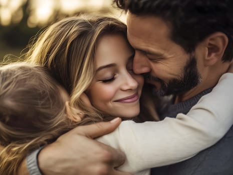A tender moment of a loving family as parents embrace their child in a warm hug. The soft lighting and natural background highlight love, connection, and happiness in a close-knit family.