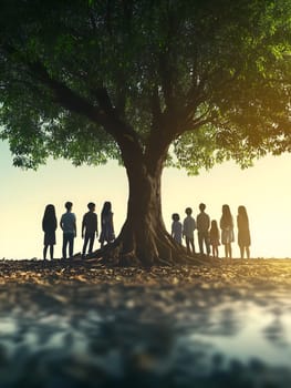 A group of people stands in silhouette beneath a large tree, bathed in warm sunlight. The image symbolizes unity, family, connection, growth, and the passage of time in a peaceful natural setting.