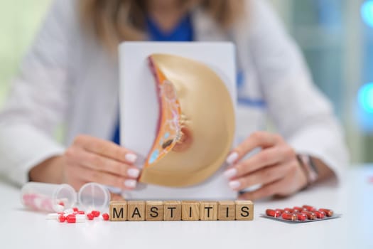 This educational visual presentation on mastitis includes an anatomical model and medication representation