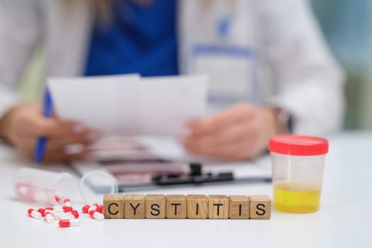 A qualified medical professional is reviewing the cystitis test results, with a urine sample available for examination