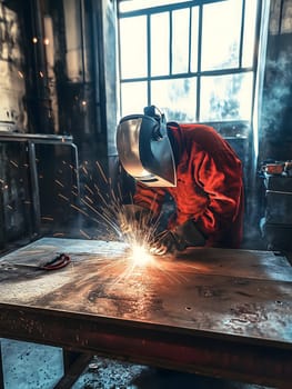 A welder wearing a red protective suit and helmet works in a dimly lit workshop, with bright sparks flying. The image highlights industrial craftsmanship, metalwork, and precision engineering.