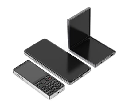 Different types of mobile phones on white background