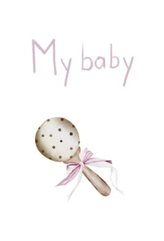 Baby rattle toy watercolor card. Isolated clip art on a white background wooden accessory with a bow. For cards, tags and invitations to baby shower and birth. High quality photo