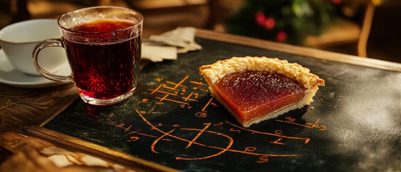 A slice of fruit tart sits on a dark surface next to a mug of dark red beverage, mysterious symbols drawn nearby.