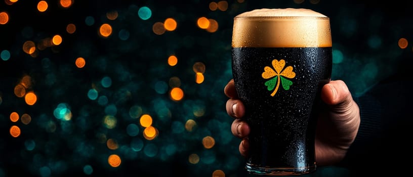 A hand holds a glass of dark beer with a shamrock design, perfect for St. Patrick's Day celebrations.
