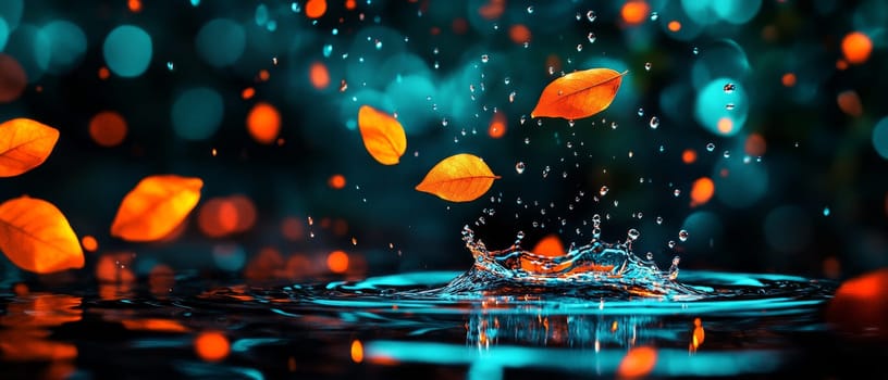 Autumn leaves fall into a tranquil pool of water, creating a mesmerizing splash.