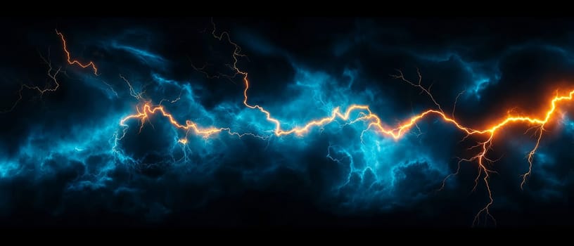 Fiery orange and electric blue lightning strikes illuminate a dark, stormy sky.