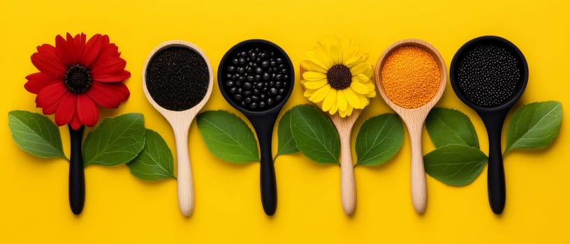Colorful arrangement of flowers and seeds on yellow background with leaves and wooden spoons.