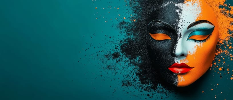 Vibrant artistic mask with bold colors and textures on teal background.