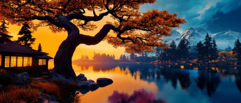 Serene lakeside cabin nestled beneath a vibrant autumn tree, overlooking snow-capped mountains at sunset.