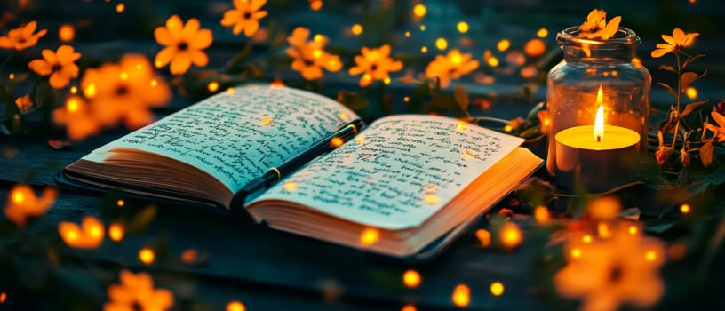 A cozy autumn scene featuring an open journal filled with handwritten text, a lit candle, and delicate orange flowers, creating a warm and inviting ambiance.