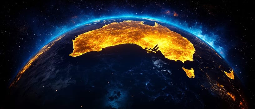Night view of Earth from space, showcasing Australia's illuminated cities against a dark backdrop of stars.