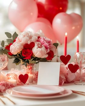 A beautifully decorated Valentine's Day table featuring a floral centerpiece, candles, heart-shaped decorations, and romantic balloons. The warm and elegant setup creates a perfect atmosphere for love and celebration.