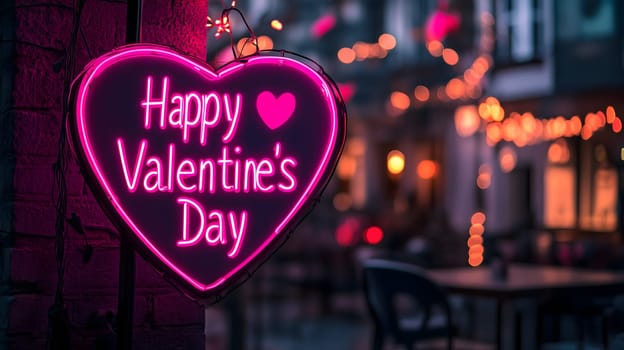 A glowing pink neon heart sign displaying "Happy Valentine's Day" in a warmly lit café decorated with romantic lights. The image evokes love, celebration, and a cozy Valentine's atmosphere.