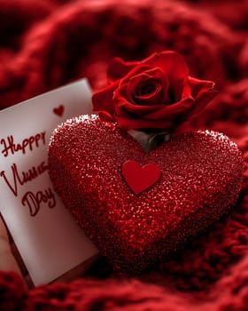 A sparkling red heart, a fresh red rose, and a romantic Valentine's Day card arranged on a soft red background. The image symbolizes love, passion, and heartfelt emotions for a special celebration.