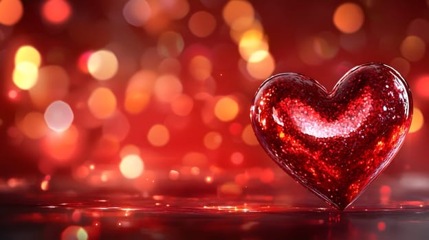 A glittering red heart stands against a dreamy bokeh background with warm lights. The image symbolizes love, romance, passion, and the beauty of Valentine's Day celebrations.