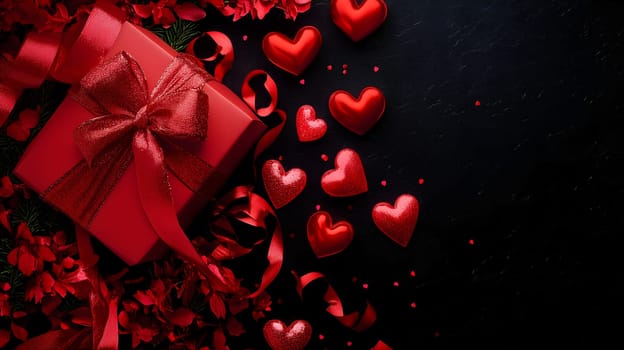 A beautifully wrapped red gift box with a shimmering ribbon surrounded by sparkling hearts and rose petals on a dark background. The image symbolizes love, romance, and Valentine's Day celebration.