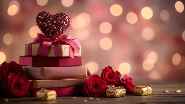 A stack of elegant gift boxes tied with ribbons, topped with a sparkling heart, surrounded by red roses and gold-wrapped chocolates. The bokeh background enhances the romantic Valentine's Day theme.
