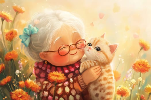 Gray-haired grandmother in a field of flowers with a ginger cat Grandmothers' Day Women's day
