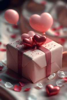 A beautifully wrapped Valentine's Day gift box with ribbon, topped with shiny heart decorations, surrounded by rose petals and soft pink balloons. The image symbolizes love, romance, and celebration.