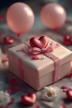 A beautifully wrapped Valentine's Day gift box with ribbon, topped with shiny heart decorations, surrounded by rose petals and soft pink balloons. The image symbolizes love, romance, and celebration.