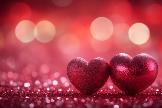 Two sparkling red hearts sit on a glittery surface with a dreamy bokeh background. The image symbolizes love, romance, and togetherness, perfect for Valentine's Day or romantic celebrations.