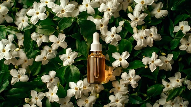 Jasmine essential oil in a bottle. Selective focus. Nature.