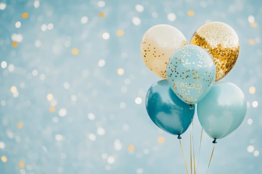 Inflatable blue gold balloons on a blue watercolor background