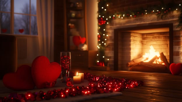 A warm and cozy Valentine's Day scene featuring a lit fireplace, glowing candles, red heart decorations, and romantic lighting. The inviting ambiance creates the perfect atmosphere for love and celebration.