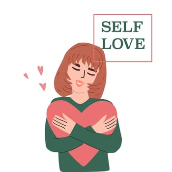 Embracing self love concept with woman hugging heart for wellness design.