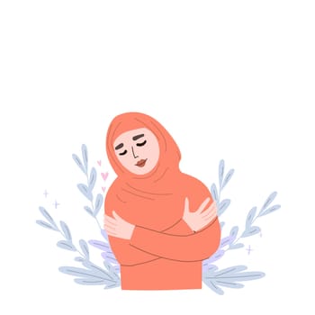 Self love concept with woman embracing herself surrounded by floral elements.