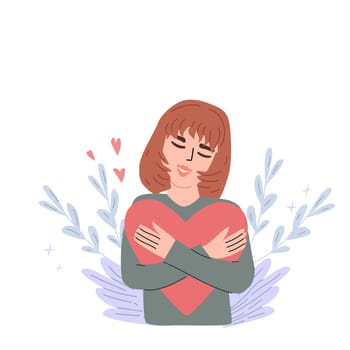 Embracing self love and acceptance concept with woman holding heart symbol.