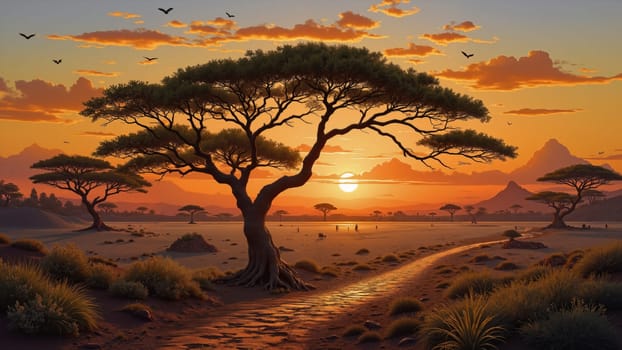 A painting of a tree in a field with a sunset in the background. The mood of the painting is peaceful and serene