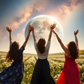 three women planet moon, standing with their backs up, hands raised. High quality 3d illustration