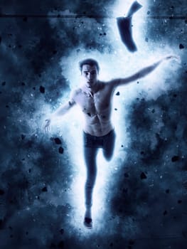 A man is running through the space with a light shining on him