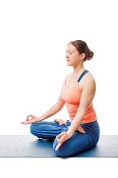 Woman doing Yoga meditation asana Padmasana - lotus pose posture with chin mudra isolated on white background