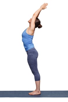 Woman doing Hatha Yoga asana Tadasana - Mountain pose with stretched hands isolated