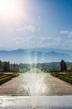 A fountain spewing water into the air. Photo of a beautiful fountain in full flow, capturing the mesmerizing movement of water