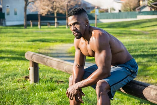 A shirtless muscular black man sitting on a bench in a park. Photo of a shirtless man enjoying nature in a peaceful park