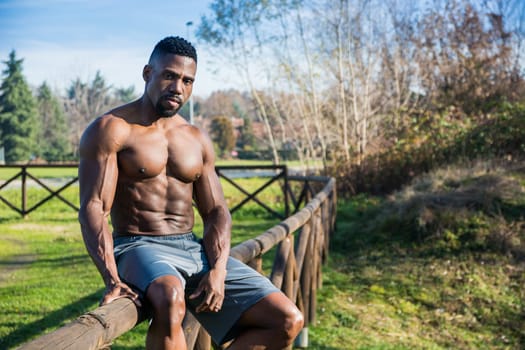 A shirtless man leaning on a wooden fence. Photo of a muscular African American man leaning on a rustic wooden fence