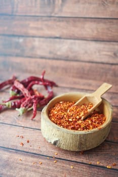 chili flakes in a bowl on table .