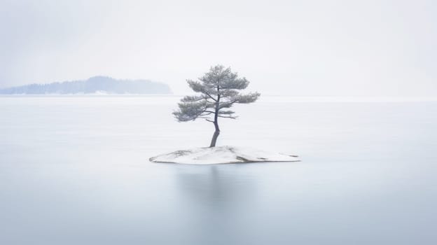 Lone lonely tree in winter snow and lake solitude, minimalist. Generative AI image weber.