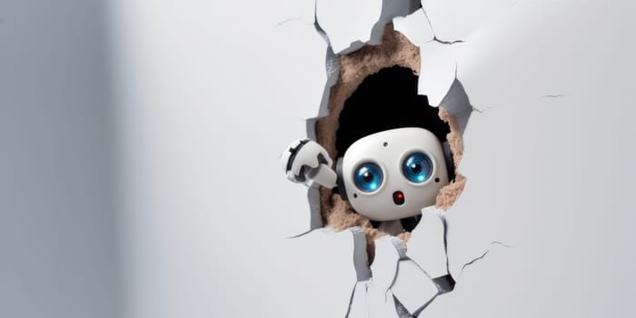 Cute robot toy peeking out of a hole in wall, torn hole, empty copy space frame, mockup. Generative AI image weber.