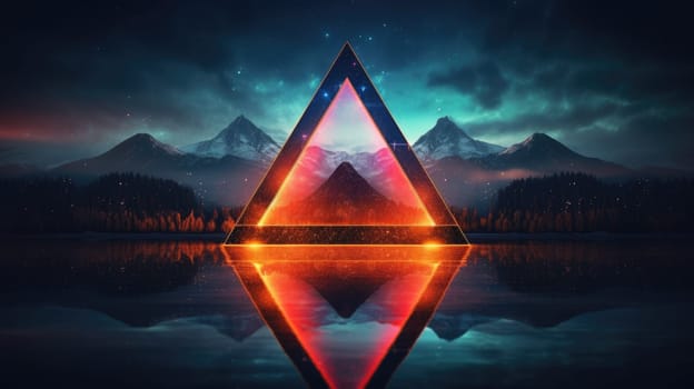 Glowing neon triangle frame over abstract landscape. Generative AI image weber.