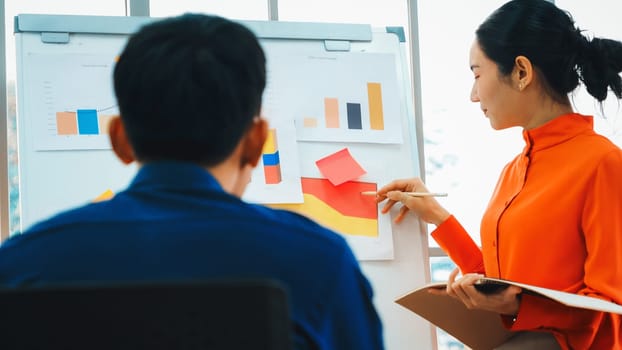 Young woman explains business data on white board in casual office room . The confident Asian businesswoman reports information progress of a business project to partner to determine strategy . Jivy