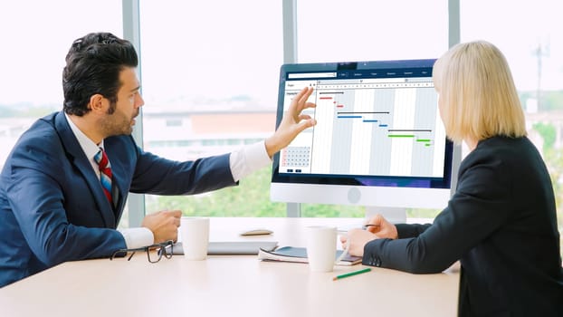 Project planning software for modish business project management on the computer screen showing timeline chart of the team project