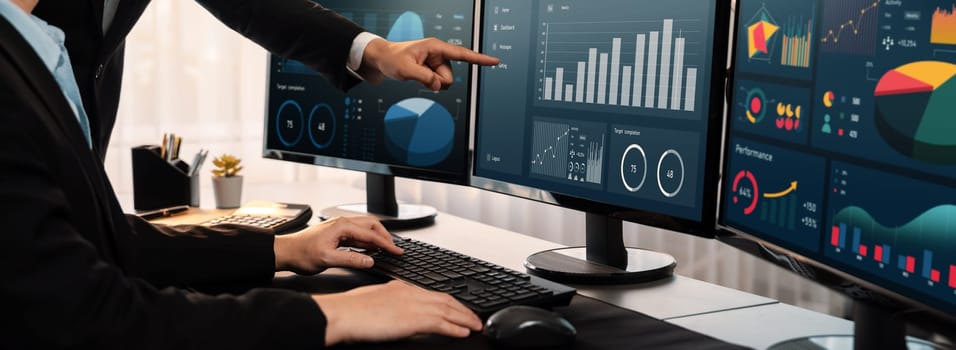 Analyst working on data analysis or BI dashboard on computer monitor. Business team analyzing financial data by Fintech in corporate office for business marketing and strategy planning. Trailblazing