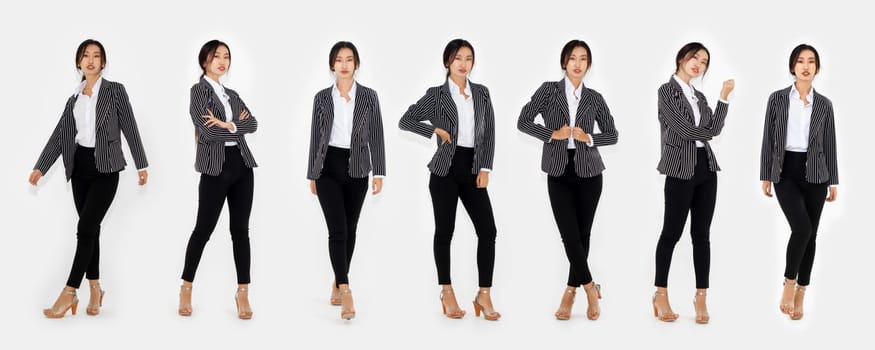 Different pose of same Asian woman full body portrait set on white background wearing formal business suit in studio collection . Jivy